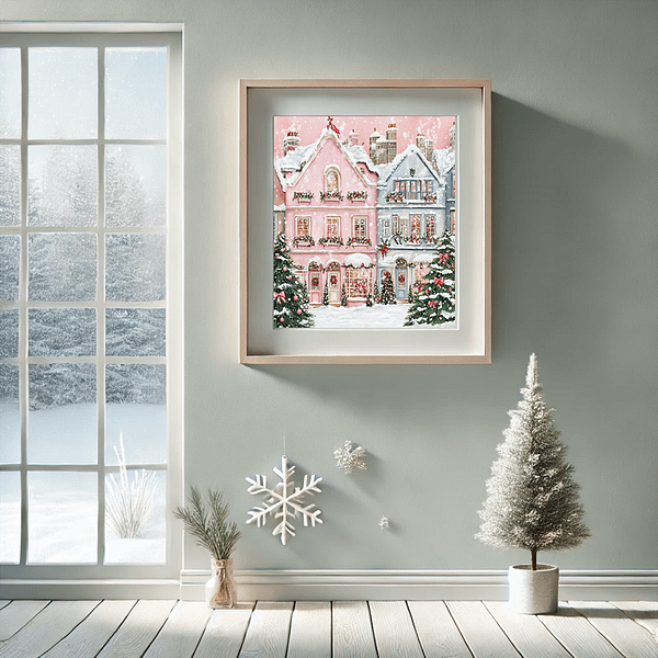 Christmas printable wall art of a pink winter village, framed on a soft gray wall near a frosted pine tree and snowflake ornaments.