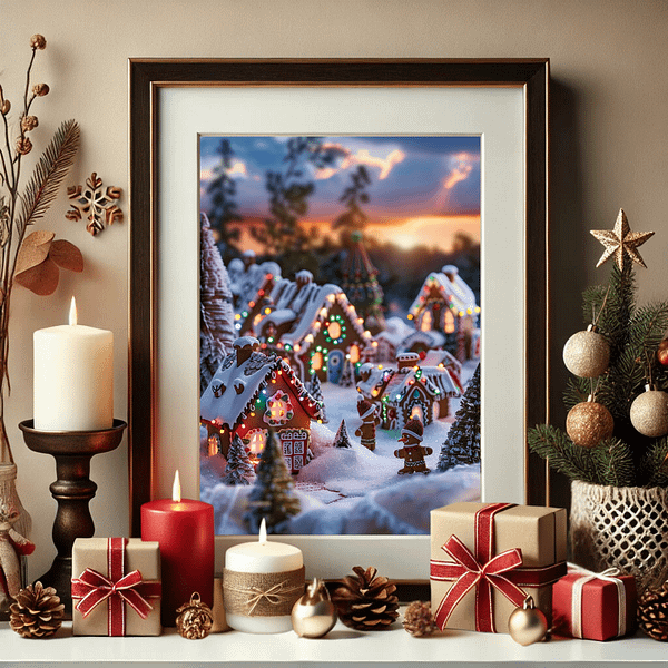 Christmas Gingerbread Village in a classic wooden frame, placed on a festive shelf with wrapped gifts, red candles, pine branches, and golden decorations, capturing the holiday spirit.