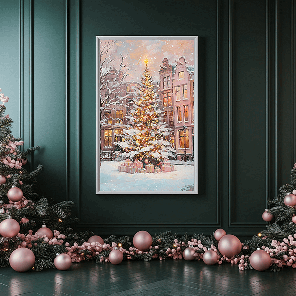 A Pink Christmas Tree Wall Art displayed on a dark green wall with pink holiday decorations, including glowing fairy lights and a festive wreath. The bold contrast enhances the elegance of the artwork.