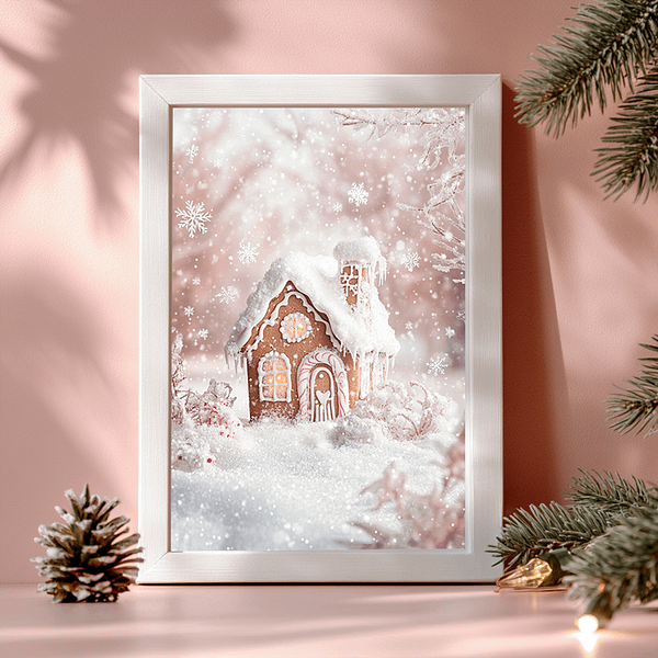 Gingerbread house art in a white frame against a pink wall, accented with pine branches and cones. Cozy and minimalist holiday decor.