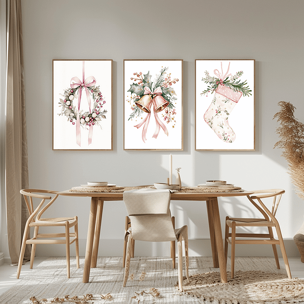 Minimalist Pink Christmas watercolor prints in wooden frames on a minimalist dining room wall with rattan chairs and a simple holiday table setting.