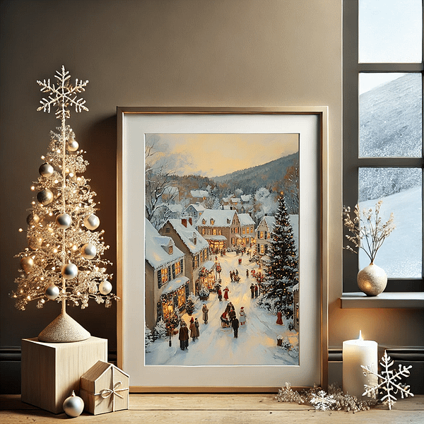 Christmas village canvas leaning against a pastel wall with wooden flooring. Perfect for minimalist and modern holiday decor.