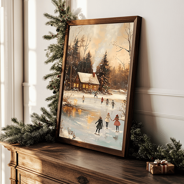 Winter Landscape Art in a dark brown frame beside a dark wooden console decorated with pine branches and a small golden gift box.