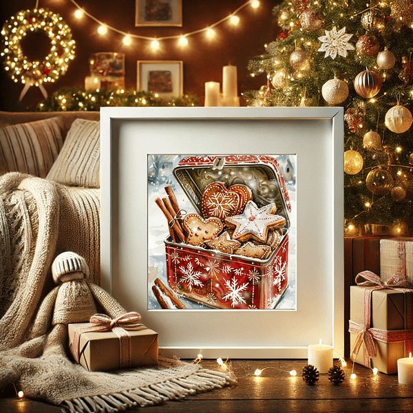 Gingerbread Cookie Decor print in a white frame, set in a cozy living room with a Christmas tree, soft lighting, wrapped gifts, and candles. The scene radiates warmth with dark greens, whites, and golden lights, enhancing the festive atmosphere.