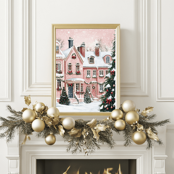 Pink Christmas wall art displayed above a fireplace, framed in gold, surrounded by gold ornaments and festive greenery.