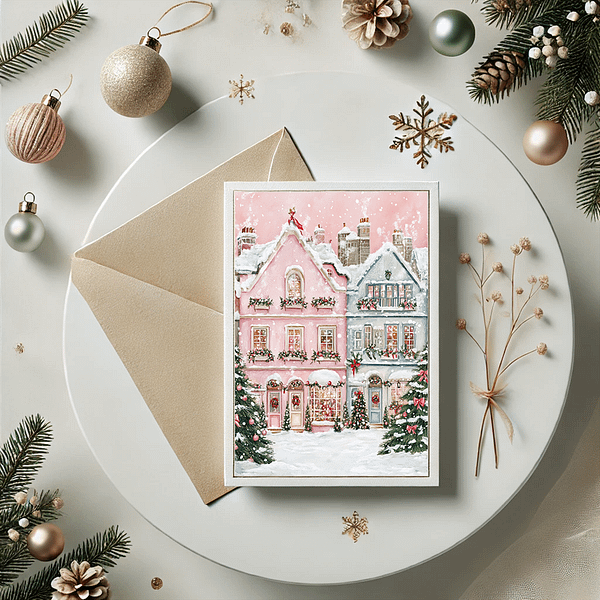 A printable Christmas wall art featuring a pink winter village in a festive holiday card layout with golden ornaments and greenery.