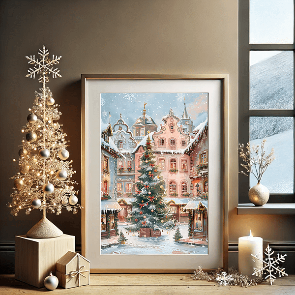 A pastel pink Xmas art print framed near a shimmering Christmas tree and glowing candles, creating a magical winter landscape vibe.