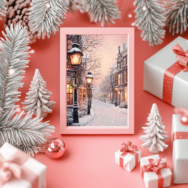 A festive winter scene in a pink frame depicts a snow-covered street with vintage lamps and people in vintage clothes. Surrounding the frame are small, decorated pine trees and handmade gift boxes wrapped in pink and white on a pink background.