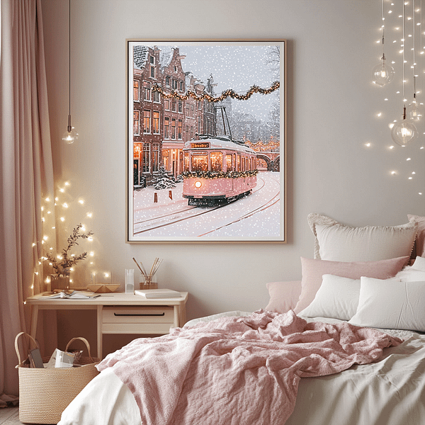 A pastel pink tram artwork on the wall beside a pink teenage girl’s bed, creating a chic and festive touch to the trendy space.