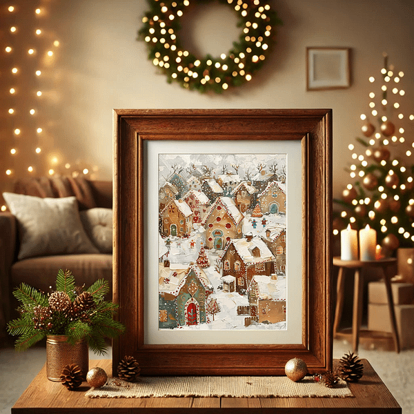 This inviting scene places a framed Christmas Gingerbread Village above a fireplace. Surrounded by candles, garlands, and golden ornaments, the cozy Christmas decorations emphasize the holiday spirit and warmth.