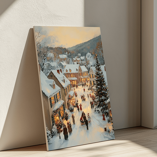 Christmas village canvas leaning against a pastel wall with wooden flooring. Perfect for minimalist and modern holiday decor.