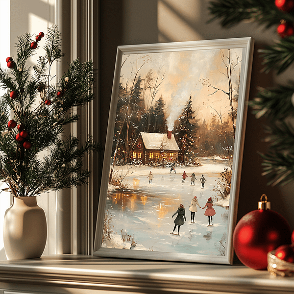 Winter Landscape Art in a white frame on a light console, paired with a red ornament and a vase with berry-laden pine branches.