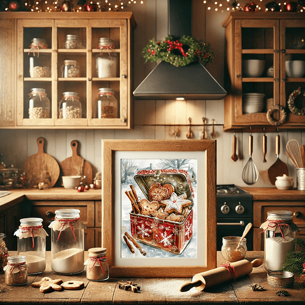 Gingerbread Cookie Decor print in a natural wood frame, displayed in a rustic kitchen with wooden cabinets, glass jars filled with baking ingredients, and holiday garlands. Warm tones and soft lights create a nostalgic, homey feel.