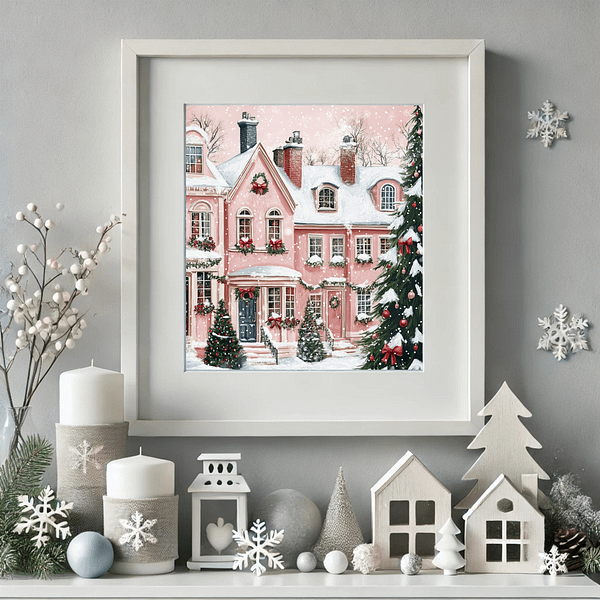 Pink Christmas wall art in a white frame, surrounded by candles, snowflake decor, and winter village figurines on a gray table.