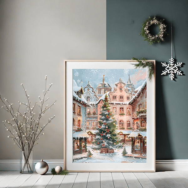 A festive wall print of a snowy Christmas village framed in a minimalist room with frosted branches and holiday wreath accents.