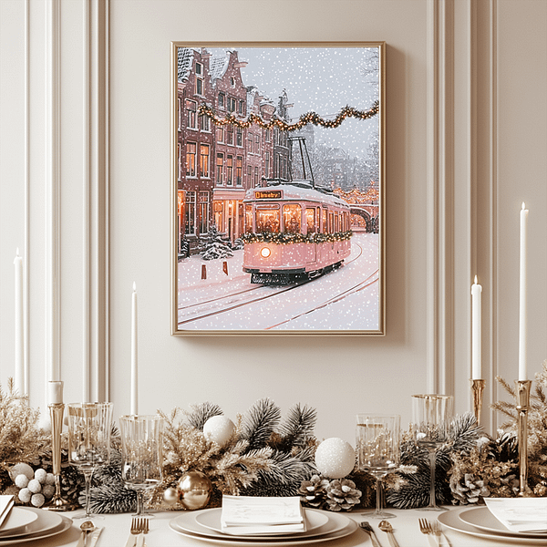 A Christmas tram artwork hanging on the wall in a minimalist dining room beside a beautifully set table with subtle holiday decor.