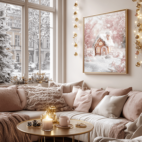 Gingerbread house art above a sofa near a window with snowfall outside, complemented by holiday decor on the table.