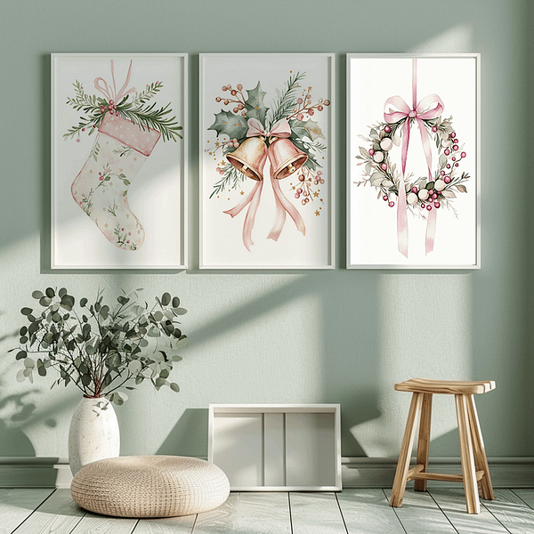 Minimalist Pink Christmas watercolor prints in white frames on a mint green wall with minimalist decor, green flooring, a vase with greenery, and a stool.