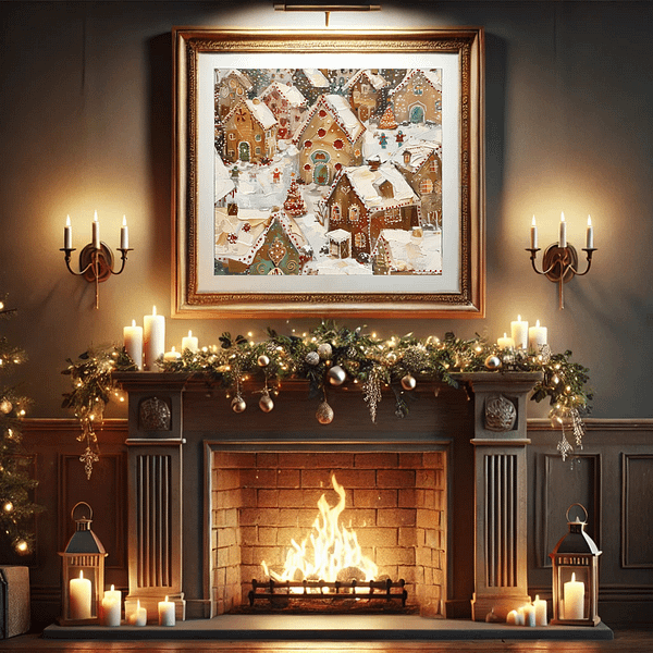 A Christmas Gingerbread Village framed on a table, surrounded by flickering candles, pine branches, and a holiday teapot, creates a warm, inviting scene. The rustic decor and soft lighting add a touch of holiday charm to any room.