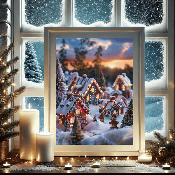 Christmas Gingerbread Village by a frosted window, with candlelight and evergreen branches, bringing the magic of a snowy winter night into your home.