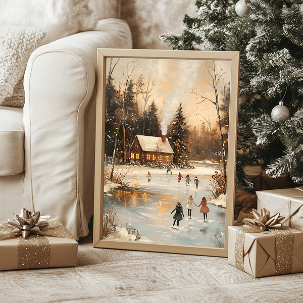 Winter Landscape Art in a light wooden frame near a console, a Christmas tree, and gold-wrapped presents.