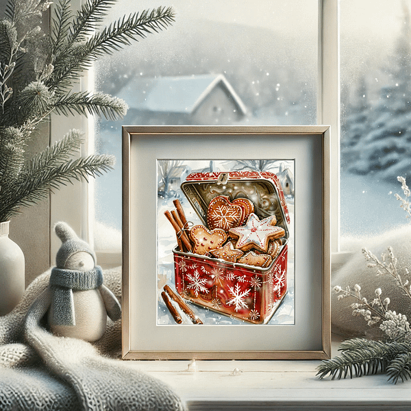 Gingerbread Cookie Decor print in a light frame, placed by a frosted window with a snowy landscape outside. A cozy woolen snowman figurine and pine branches surround the frame, creating a peaceful winter atmosphere with whites and greens.