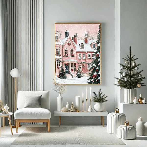 Pink Christmas wall art in a modern living room with a gold frame, neutral furniture, and minimalist holiday decor.