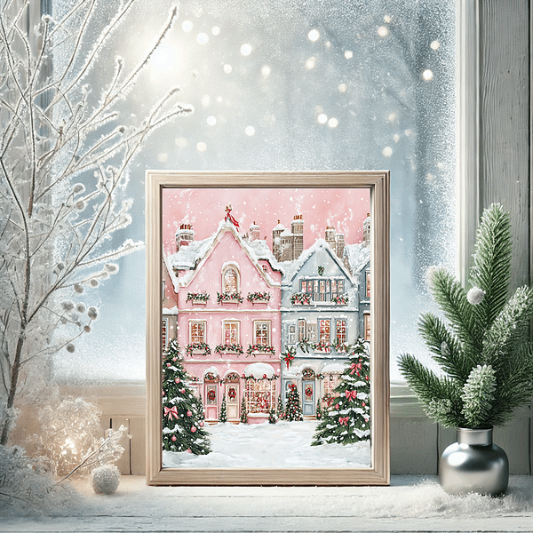 Pink Christmas wall art in a frame by a frosty window, with snow outside, a green pine tree, and icy white branches for holiday decor.