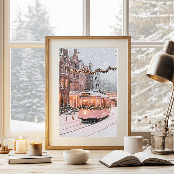 A pink tram artwork resting on a desk by the window, with snow falling outside and warm fairy lights adding a cozy ambiance.