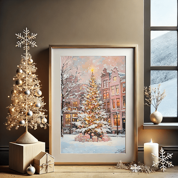 A Pink Christmas Tree Wall Art in a gold frame, placed by a frosted window with golden decor and snow gently falling outside. The setup is illuminated by warm, festive lighting, adding charm to the room.