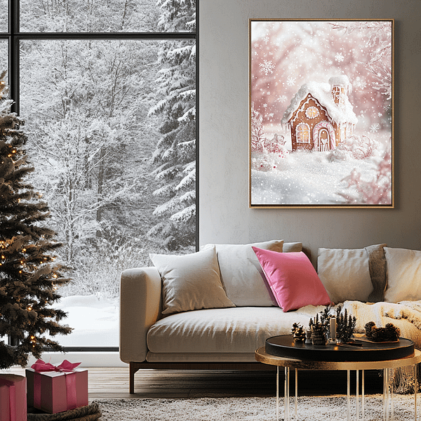 Gingerbread house art above a sofa near a snowy window with a Christmas tree and gifts in the room. Perfect for cozy holiday vibes.