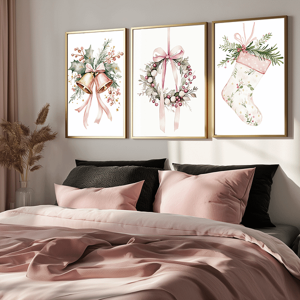 Minimalist Pink Christmas watercolor prints in gold frames above a bed with pink and gray bedding in a charming, simple bedroom.