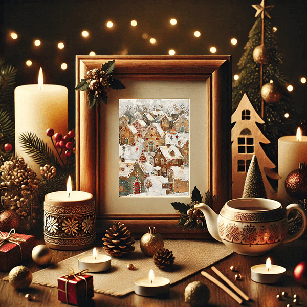 A framed Christmas Gingerbread Village rests on a minimalist white shelf with a small pine branch and a wrapped gift. The simple decor and soft lighting create a cozy and festive ambiance, perfect for the holiday season.