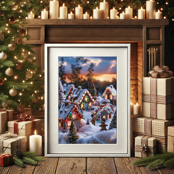 A Christmas Gingerbread Village in a white frame, placed near a cozy fireplace with Christmas tree lights, candles, and wrapped gifts, creates festive warmth.