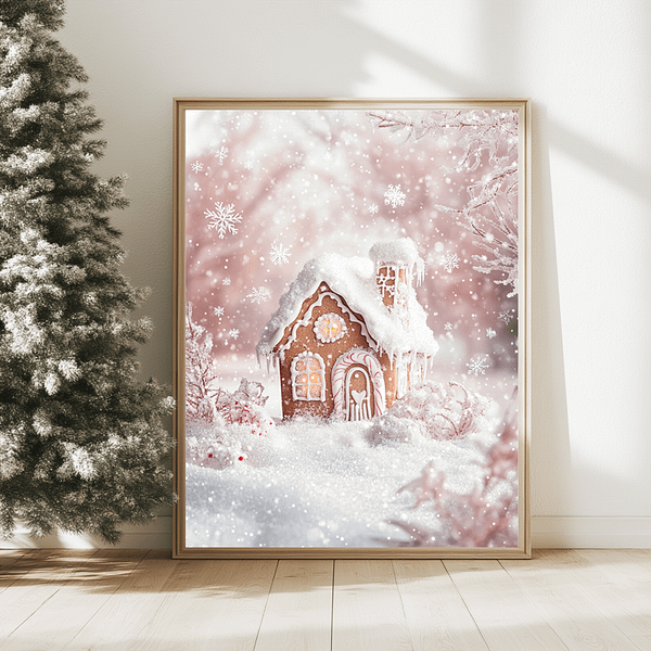 Gingerbread house art in a gold frame leaning against a white wall, paired with a superficial pine branch. Timeless and chic holiday decor.