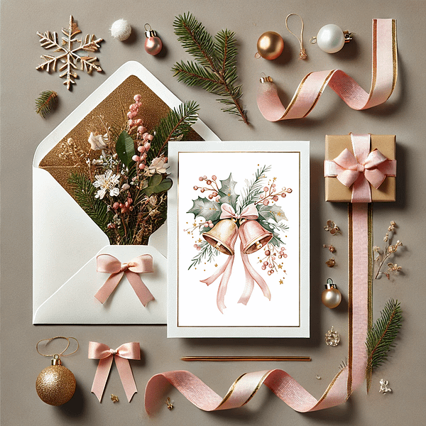 Minimalist Pink Christmas watercolor art featuring a bell, displayed as a card next to an envelope, pink ribbon, small gift box, and holiday decorations.