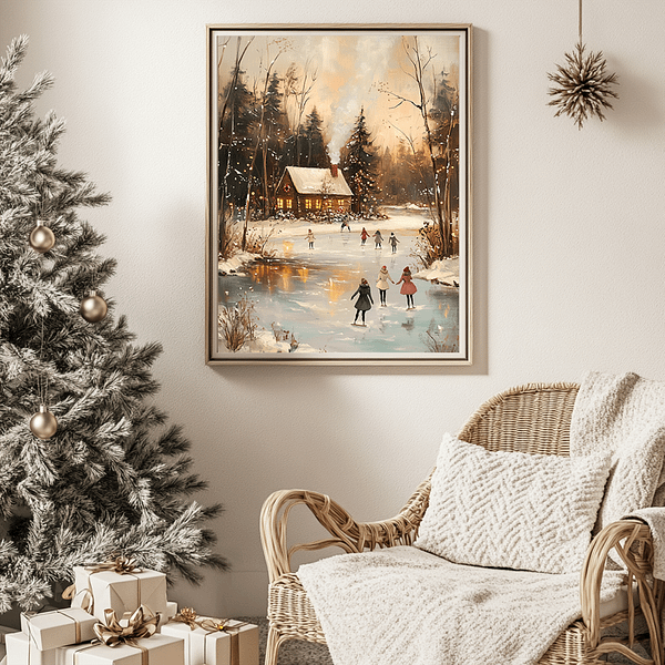 Winter Landscape Art in a white frame above a rattan chair, next to a minimalist Christmas tree with gold gifts beneath.