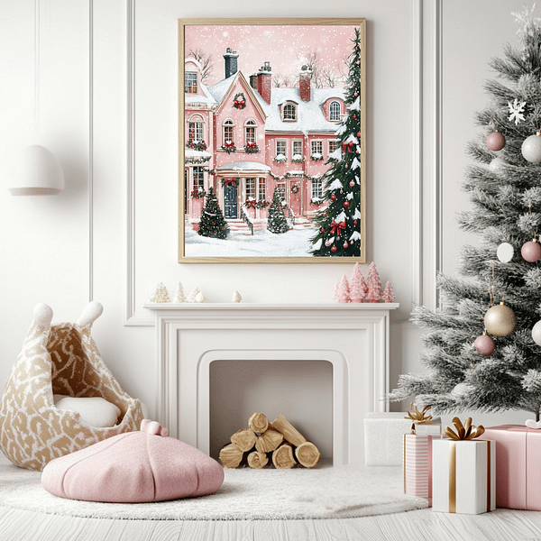 Pink Christmas wall art in a cozy children’s room with a soft pink rug, white fireplace, and pink Christmas tree decorations.