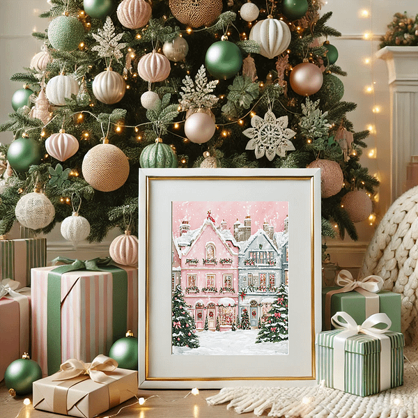 Pink winter village printable framed under a Christmas tree with green ornaments, wrapped gifts, and warm holiday decor vibes.