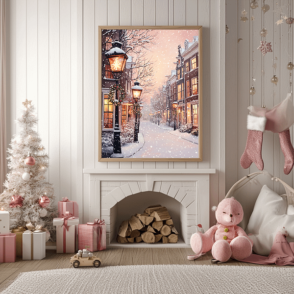 Cozy living room with a winter-themed picture of a snowy street above a white fireplace. Christmas decorations include a white tree with pink ornaments, pink gifts, and stockings hung by the fireplace. A handmade gift—a pink teddy bear—sits nearby.