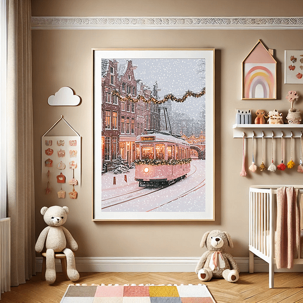 A pastel pink tram artwork hanging on the nursery wall beside a crib, surrounded by plush baby toys and soft holiday decor.