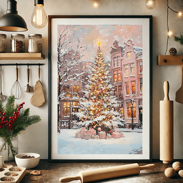 A Pink Christmas Tree Wall Art displayed on a kitchen counter, with cookies baking nearby and the warm glow of Christmas lights. The decor includes pink ornaments and a festive garland, creating a cozy holiday vibe.