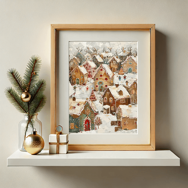 This framed Christmas Gingerbread Village sits by a frosty window, surrounded by holiday decorations, including a small tree, pinecones, and a gift box. The wintery backdrop with snow enhances the cozy and nostalgic holiday scene.