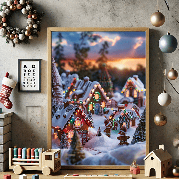 Christmas Gingerbread Village in a wooden frame in a child’s room, surrounded by holiday decor like a wreath, ornaments, and toys, sparking festive joy for kids