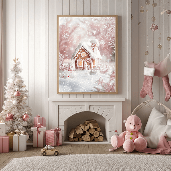 Gingerbread house art above a small white fireplace, surrounded by pink toys and a white Christmas tree. Perfect for a festive kids' room.