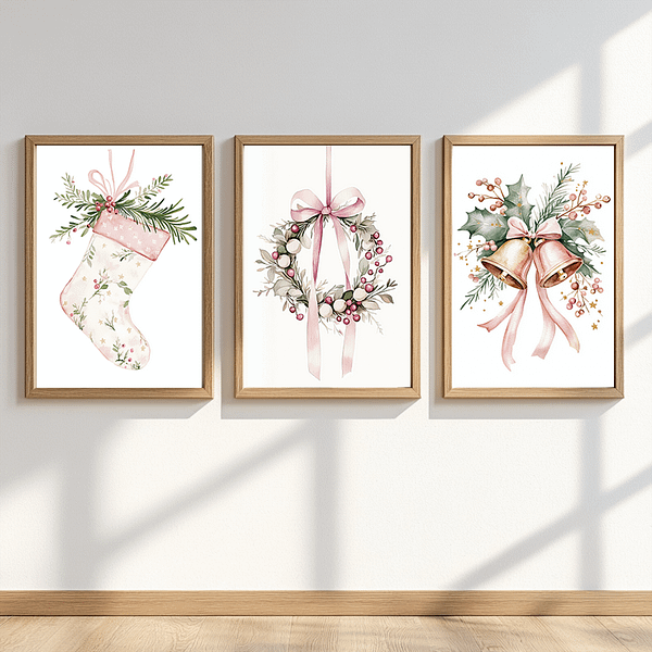 Minimalist Pink Christmas watercolor prints in wooden frames on a plain wall with beige flooring. Minimalist and festive decor for a serene holiday look.