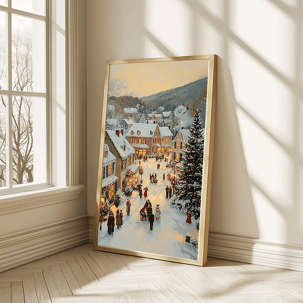 Large Christmas Village art in a wooden frame leaning against a wall beside a window on wooden flooring. Classic holiday elegance.