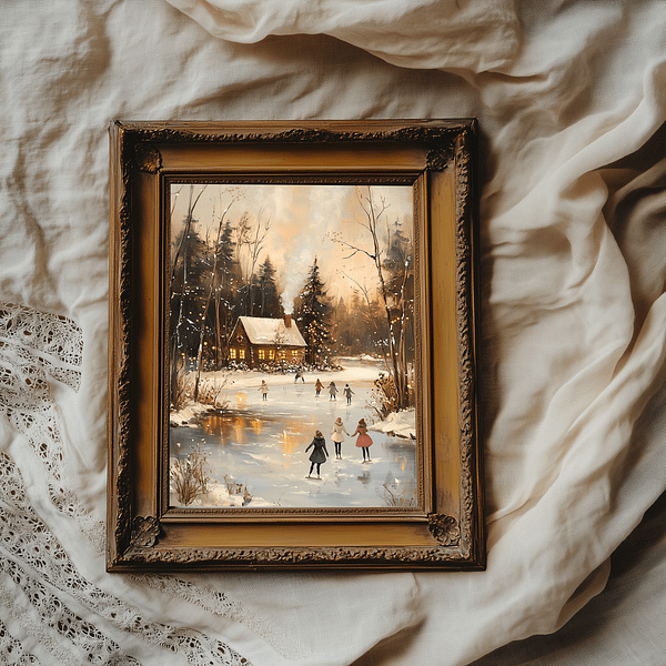 Winter Landscape Art in a vintage ornate frame displayed on a white lace-covered table for a nostalgic holiday feel.