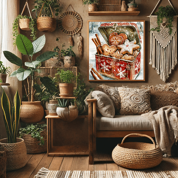 Gingerbread Cookie Decor print in a natural wood frame, hanging in a bohemian living room filled with green plants, woven baskets, and macrame wall decor. Earthy tones create a cozy, nature-inspired space, highlighting the warm, festive print.