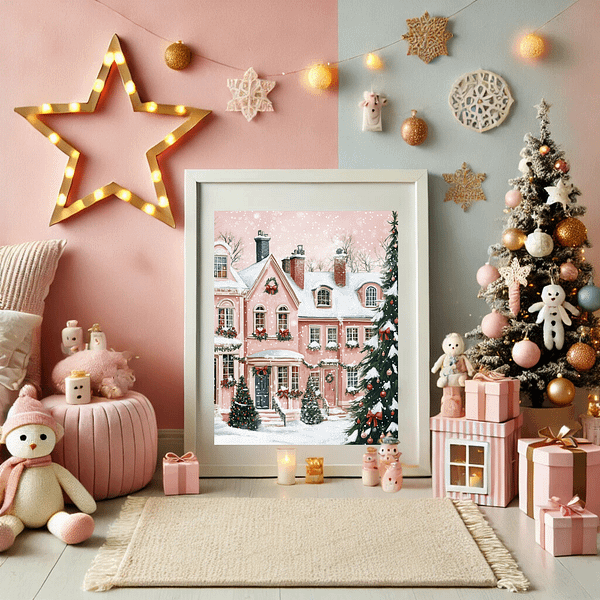 Pink Christmas art in a festive corner with a light-up star, pink holiday decor, and a small Christmas tree.